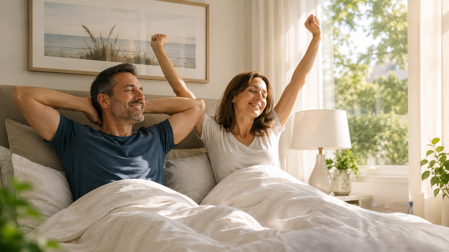 Rested couple waking up refreshed in a bright bedroom