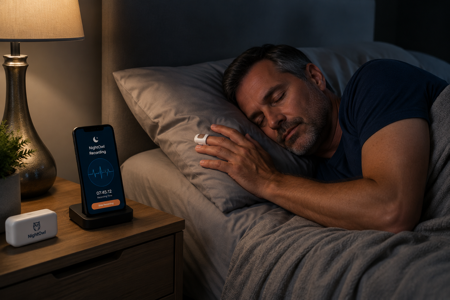 Patient sleeping with the Night Owl finger sensor and companion phone app on the nightstand